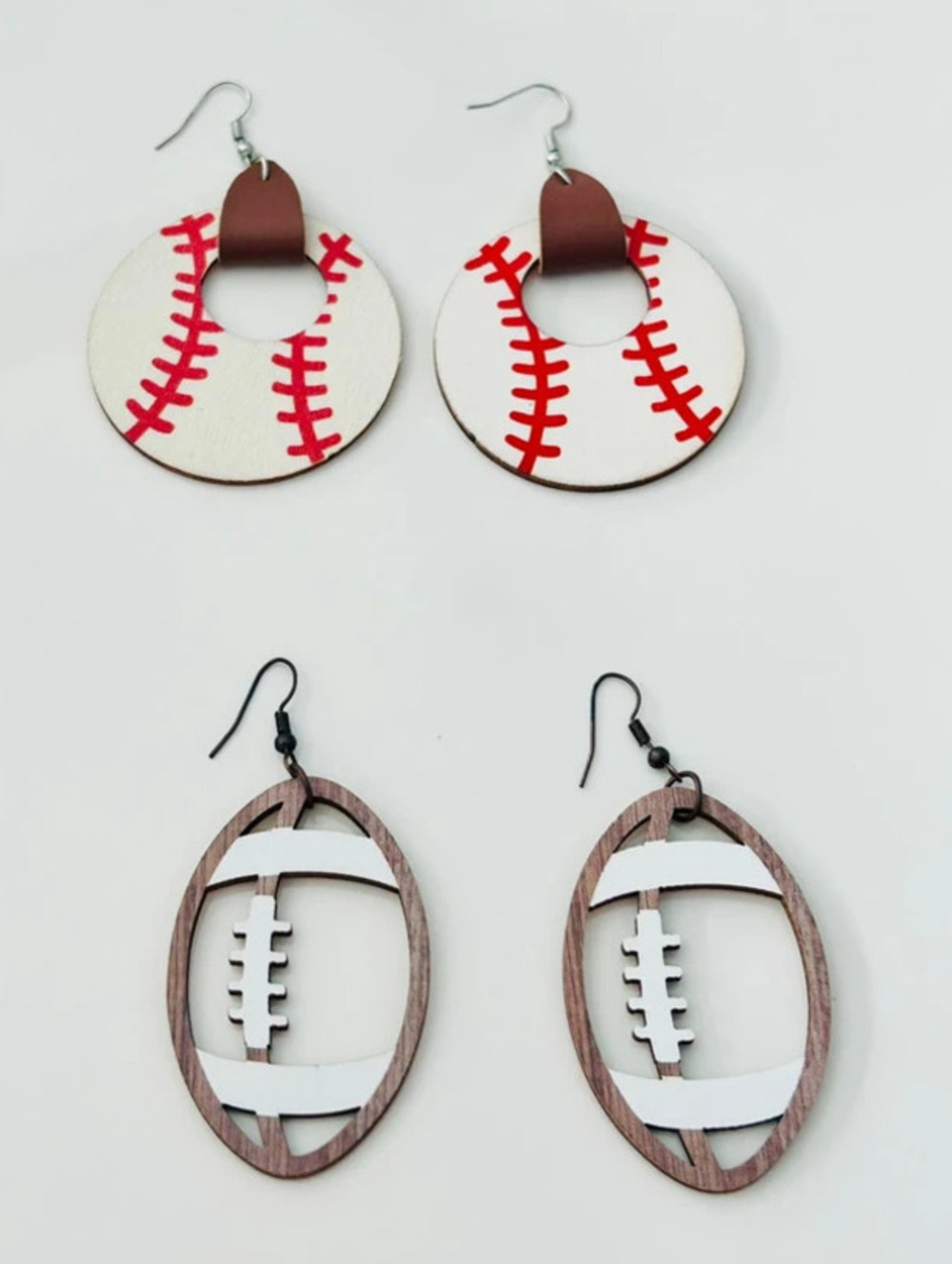 Sports Themed Dangle Wooden Earrings, Football & Baseball